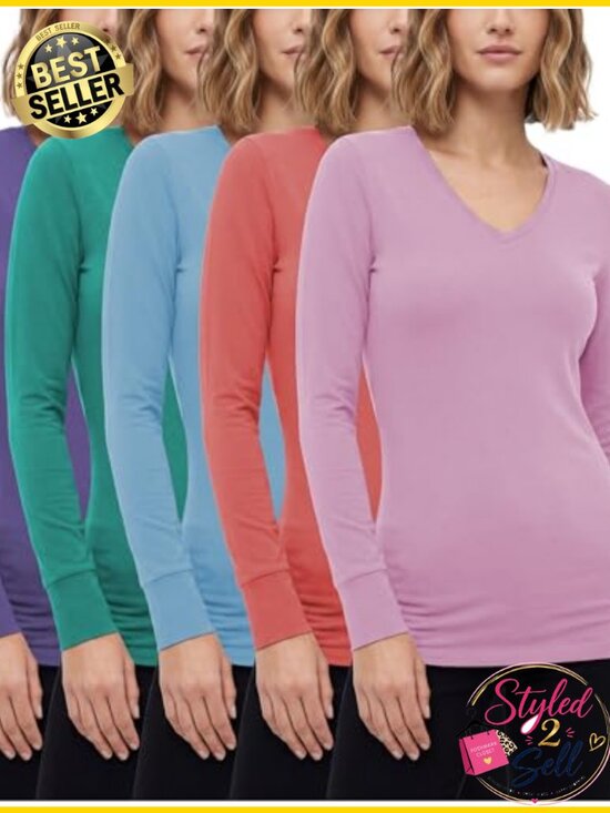 Tops - Women's Cotton Stretch Long Sleeve V-Neck T-Shirt 5 Pack